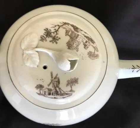 18th Century Worcester Porcelain Globular Teapot with Black Transfer Prints.