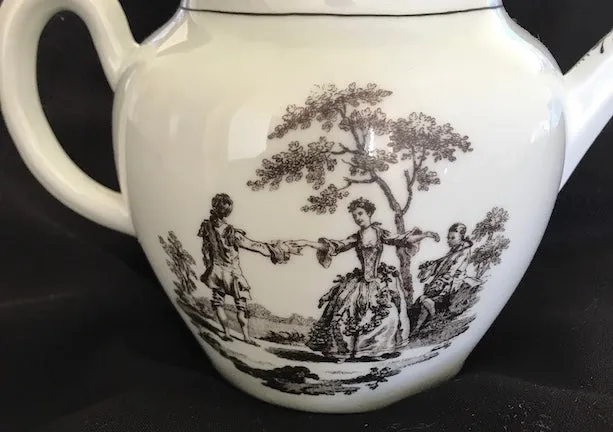 18th Century Worcester Porcelain Globular Teapot with Black Transfer Prints.