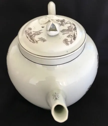 18th Century Worcester Porcelain Globular Teapot with Black Transfer Prints.