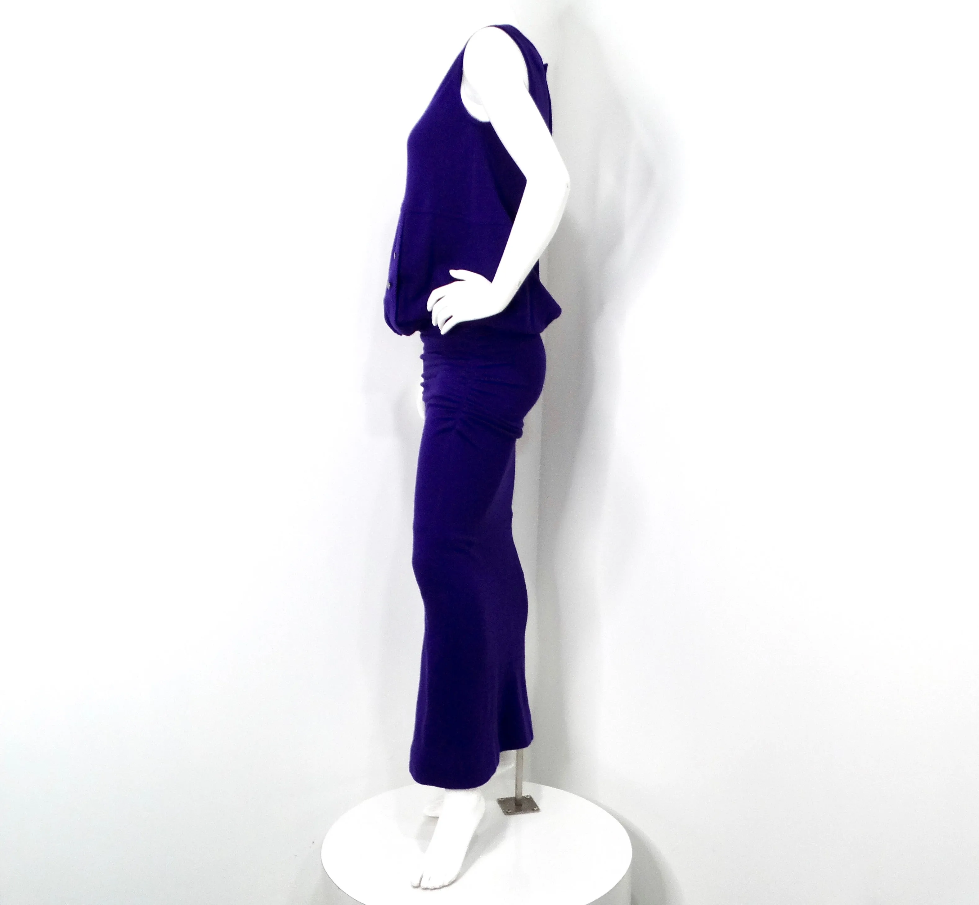 1980s Karl Lagerfeld Royal Purple Wool Ruched Maxi Dress