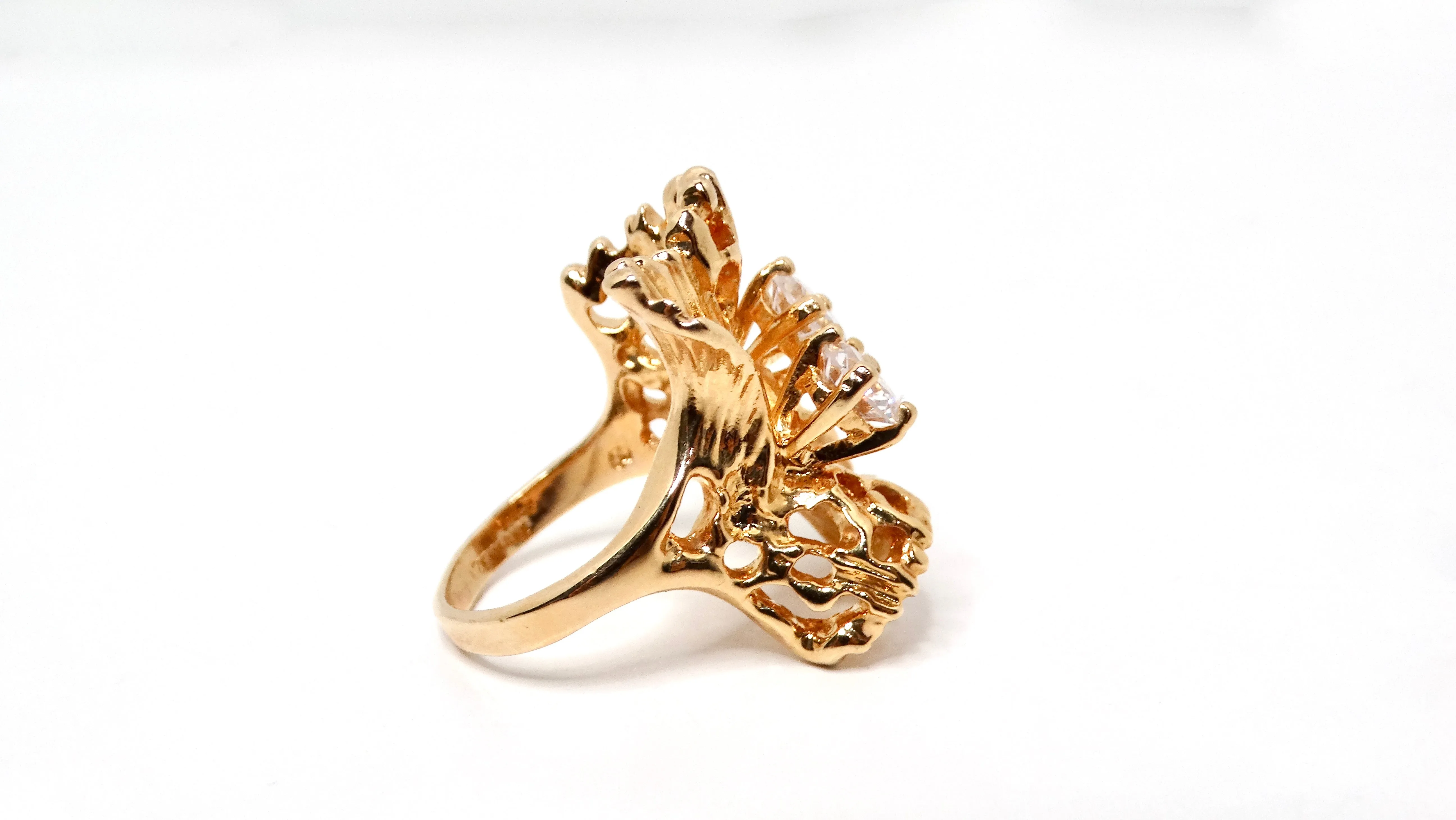 1990s Abstract Nature 18k Gold Plated & Crystal Cocktail Ring