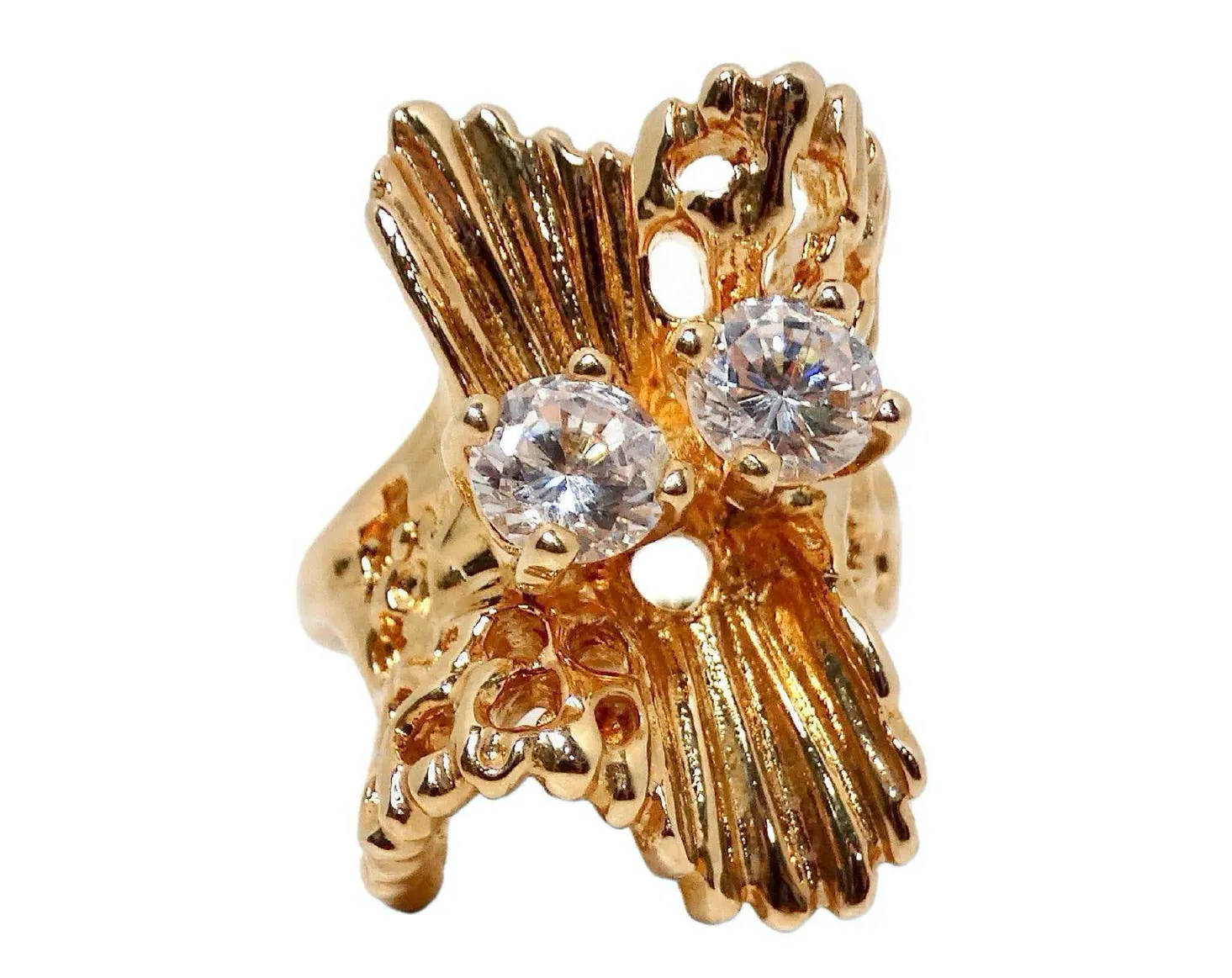 1990s Abstract Nature 18k Gold Plated & Crystal Cocktail Ring