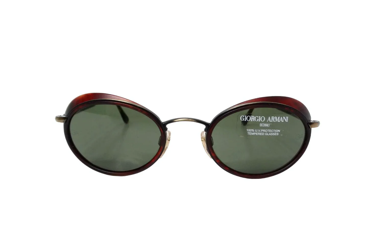 1990s Giorgio Armani Red Tortoise Oval Retro Frame Green Tinted Sunglasses