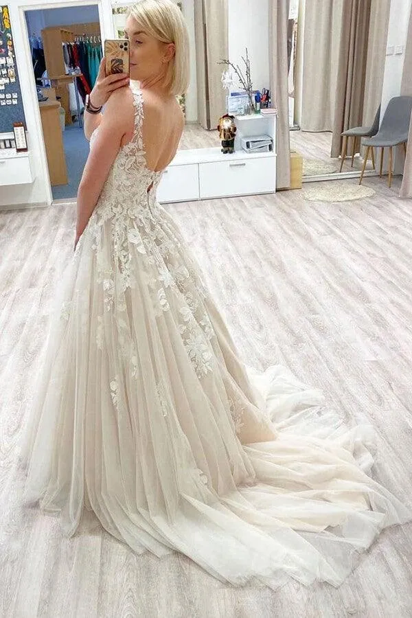 A-line Tulle V-neck Long Prom Dresses With Lace Appliques TP1079