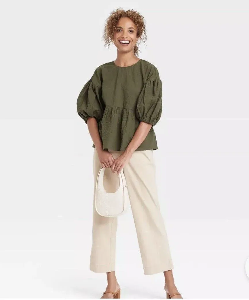 A NEW DAY Women Puff 3/4 Sleeve Pullover Blouse Sz XXL Olive Cotton Boho