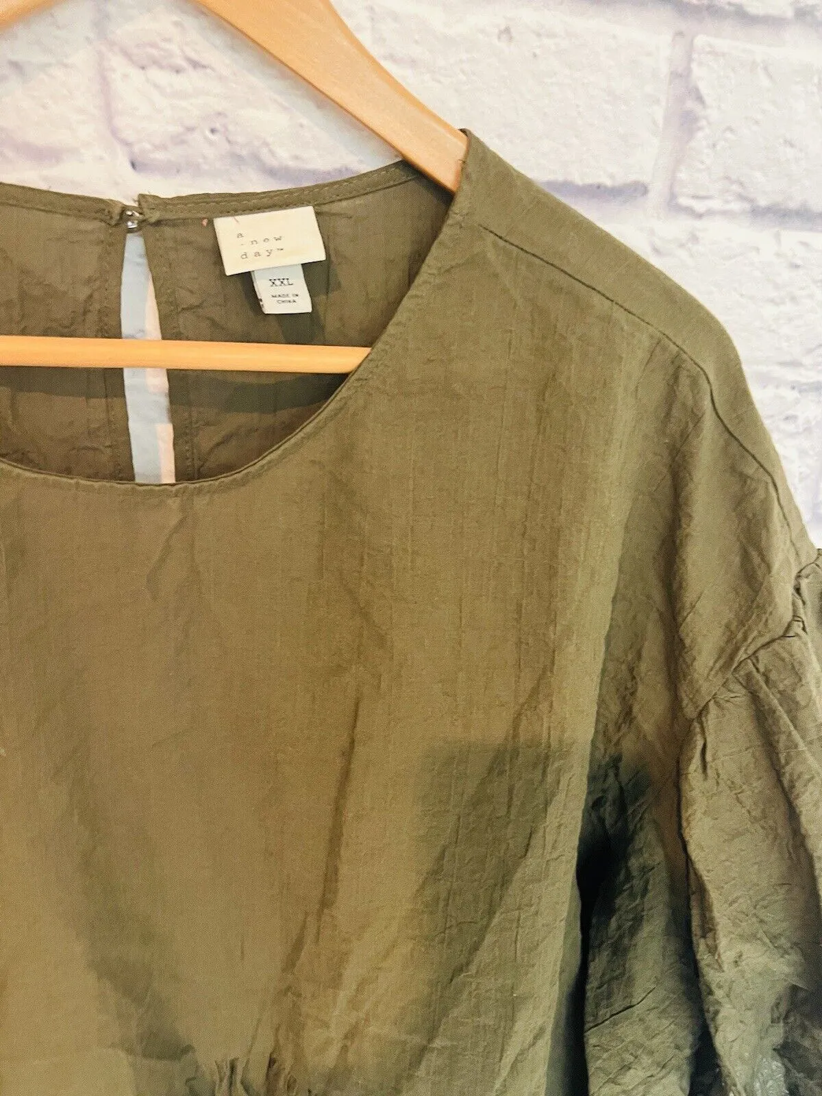 A NEW DAY Women Puff 3/4 Sleeve Pullover Blouse Sz XXL Olive Cotton Boho