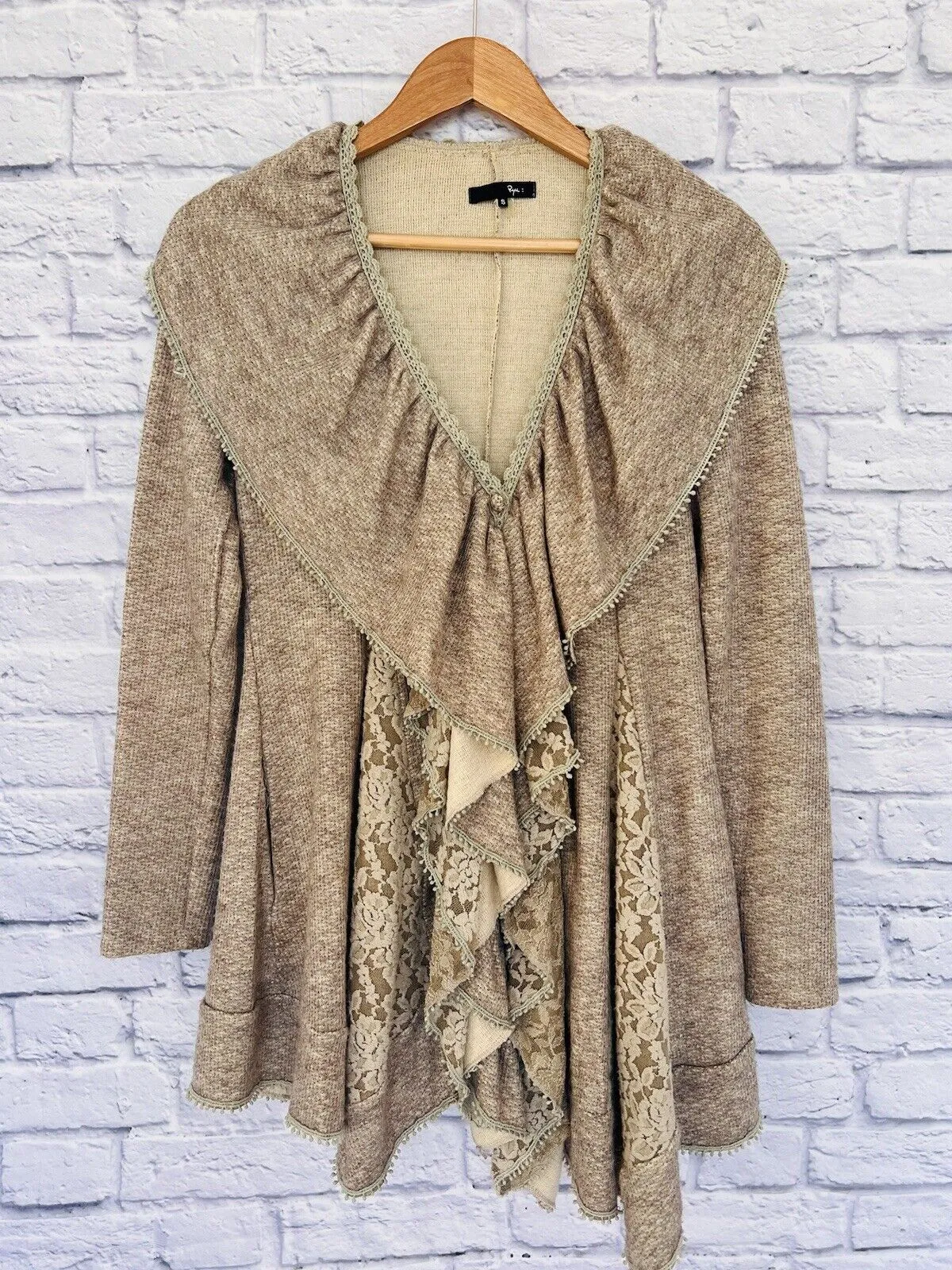 ANTHROPOLGIE RYU Ruffle Lace Cardigan Sz S Beige Long Sleeve Draped Goblincore
