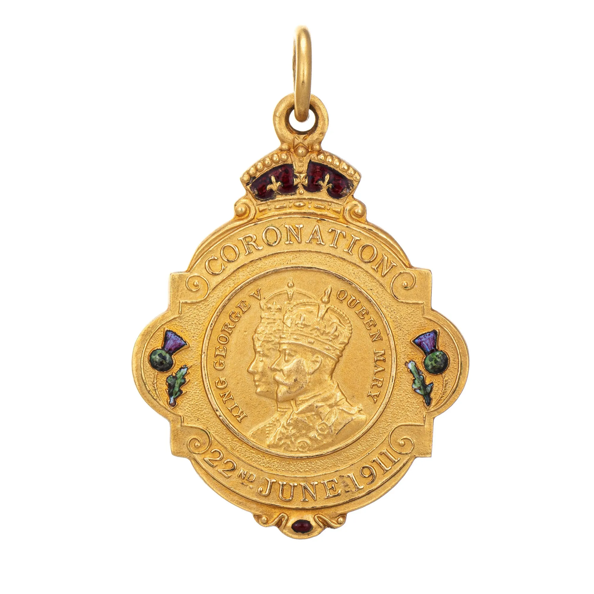 Antique Coronation Medallion 15k Gold George V Mary Pendant Enamel Glasgow