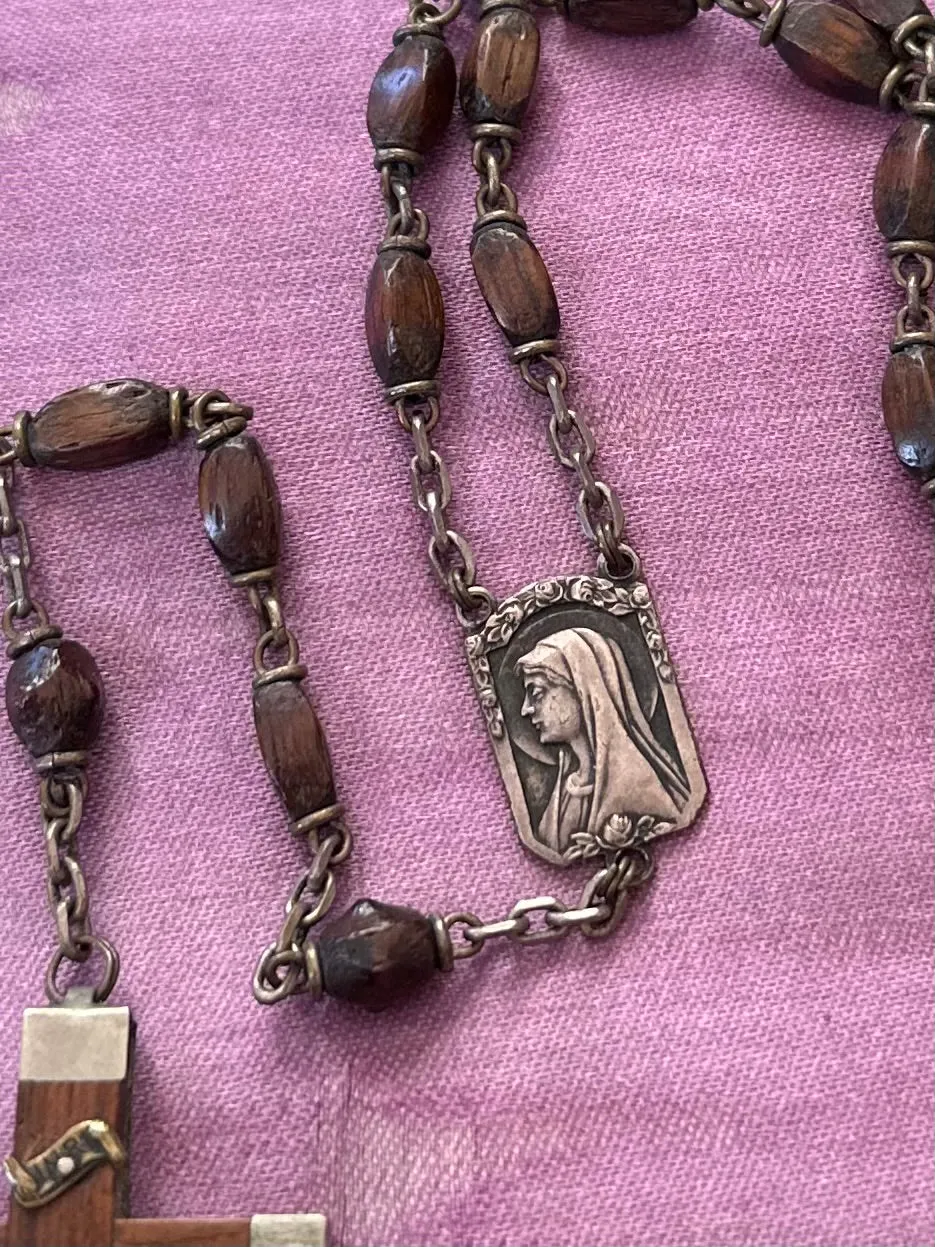 Antique French Carved Wood Bead & Nickel Rosary France Vintage Sacred Heart Crucifix