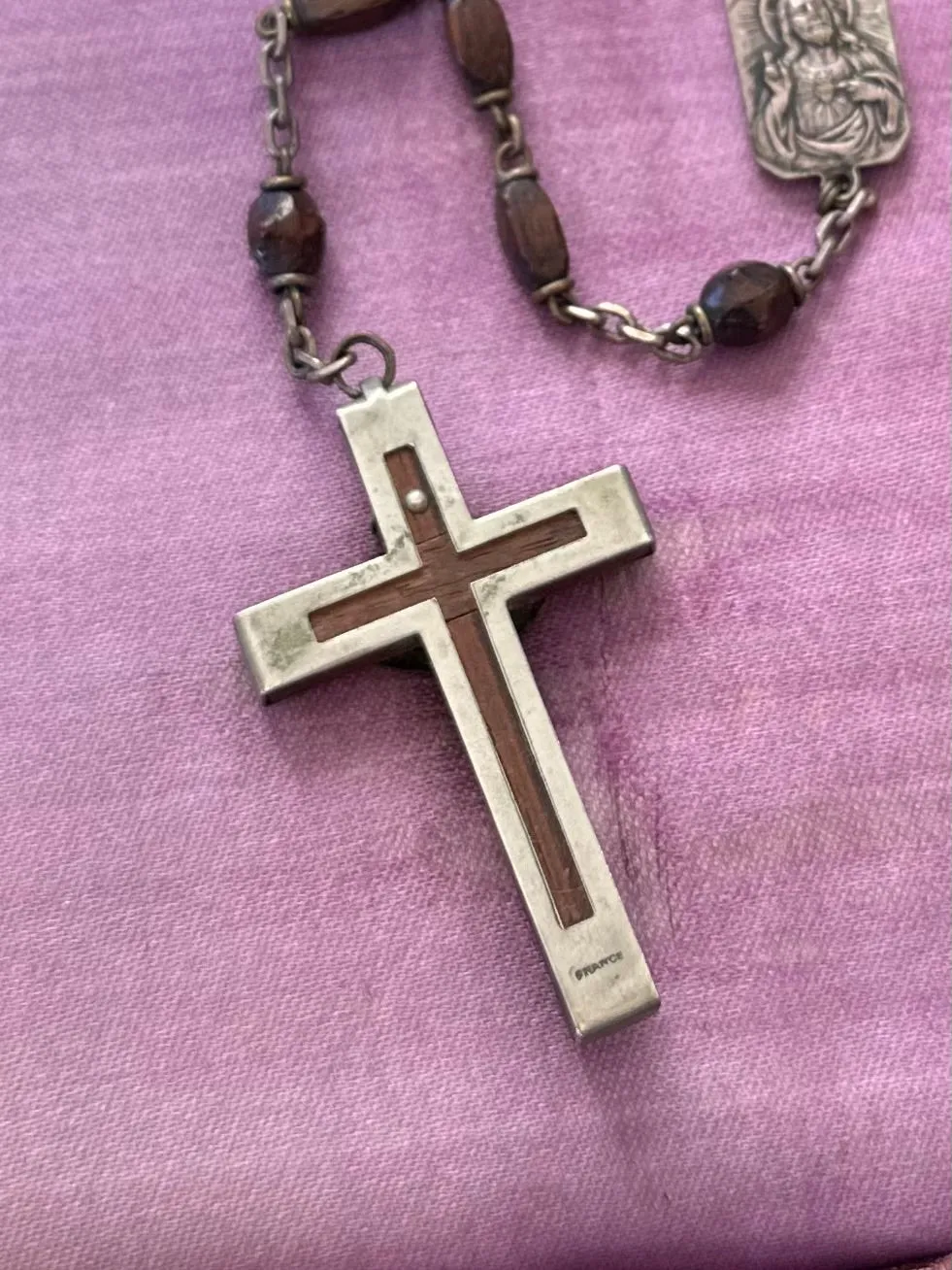 Antique French Carved Wood Bead & Nickel Rosary France Vintage Sacred Heart Crucifix