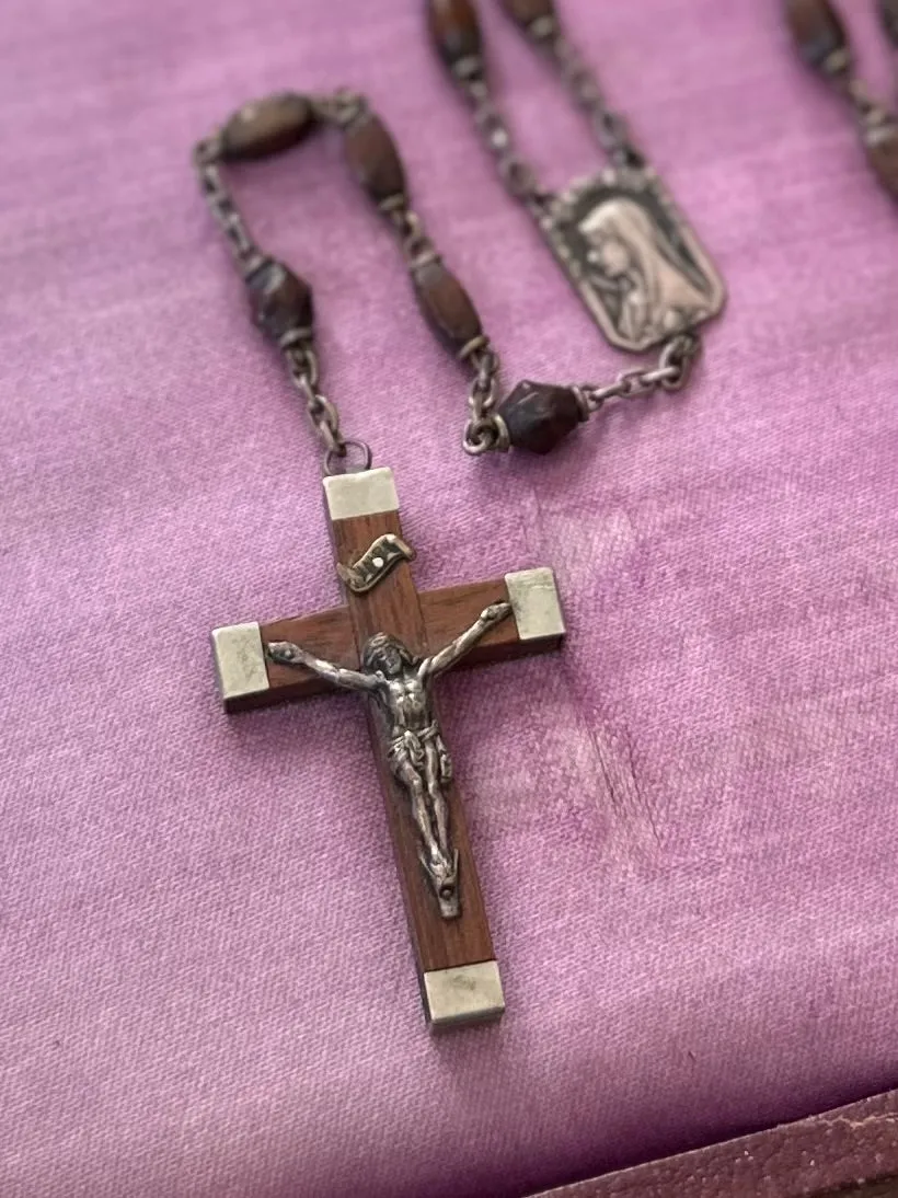 Antique French Carved Wood Bead & Nickel Rosary France Vintage Sacred Heart Crucifix