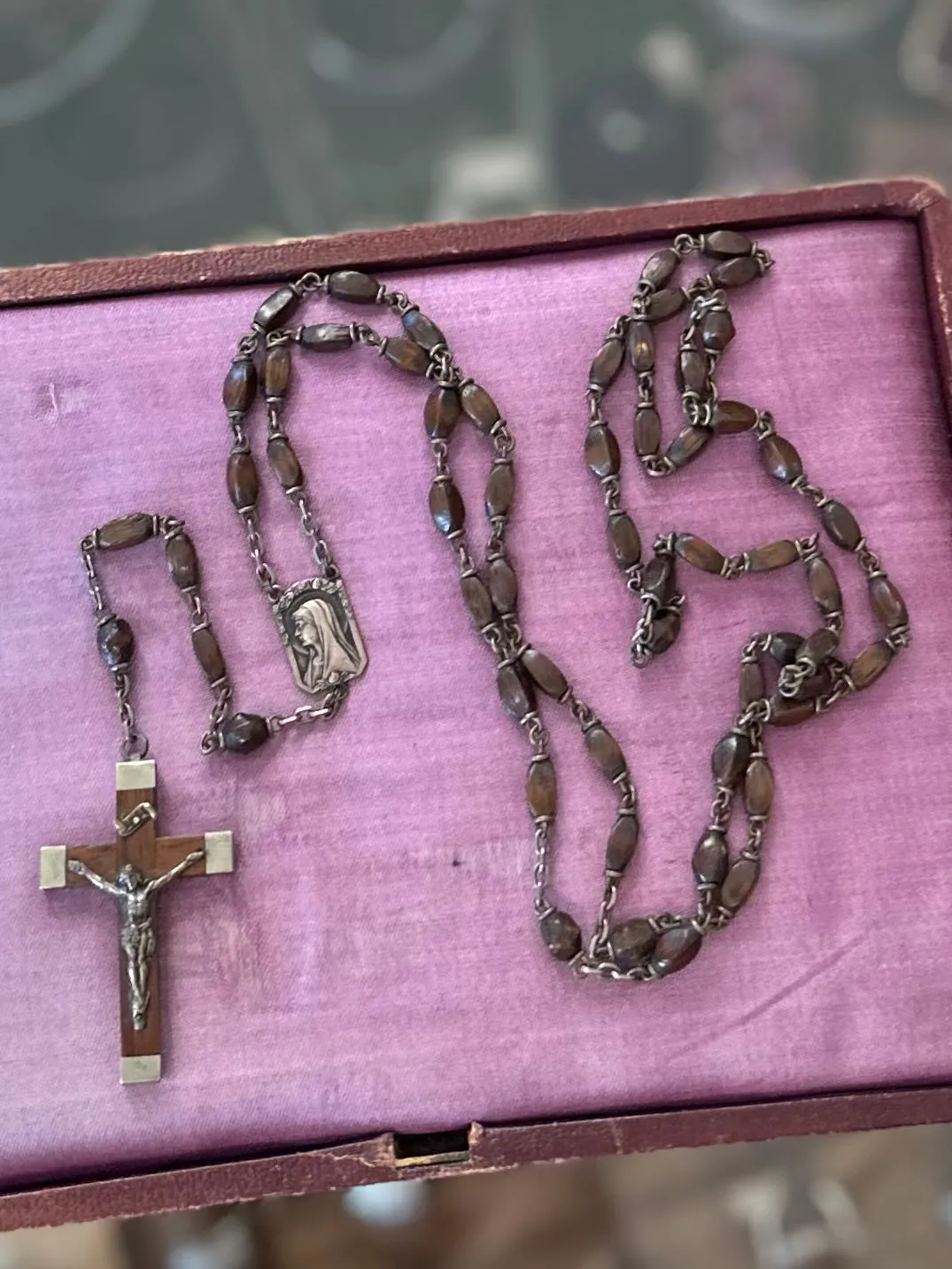Antique French Carved Wood Bead & Nickel Rosary France Vintage Sacred Heart Crucifix