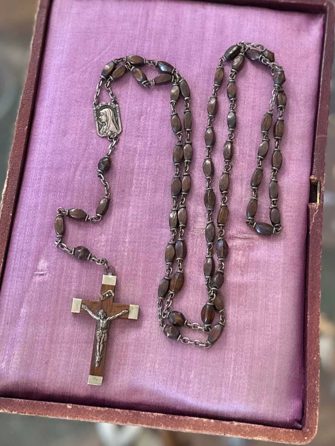 Antique French Carved Wood Bead & Nickel Rosary France Vintage Sacred Heart Crucifix