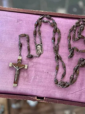 Antique French Carved Wood Bead & Nickel Rosary France Vintage Sacred Heart Crucifix