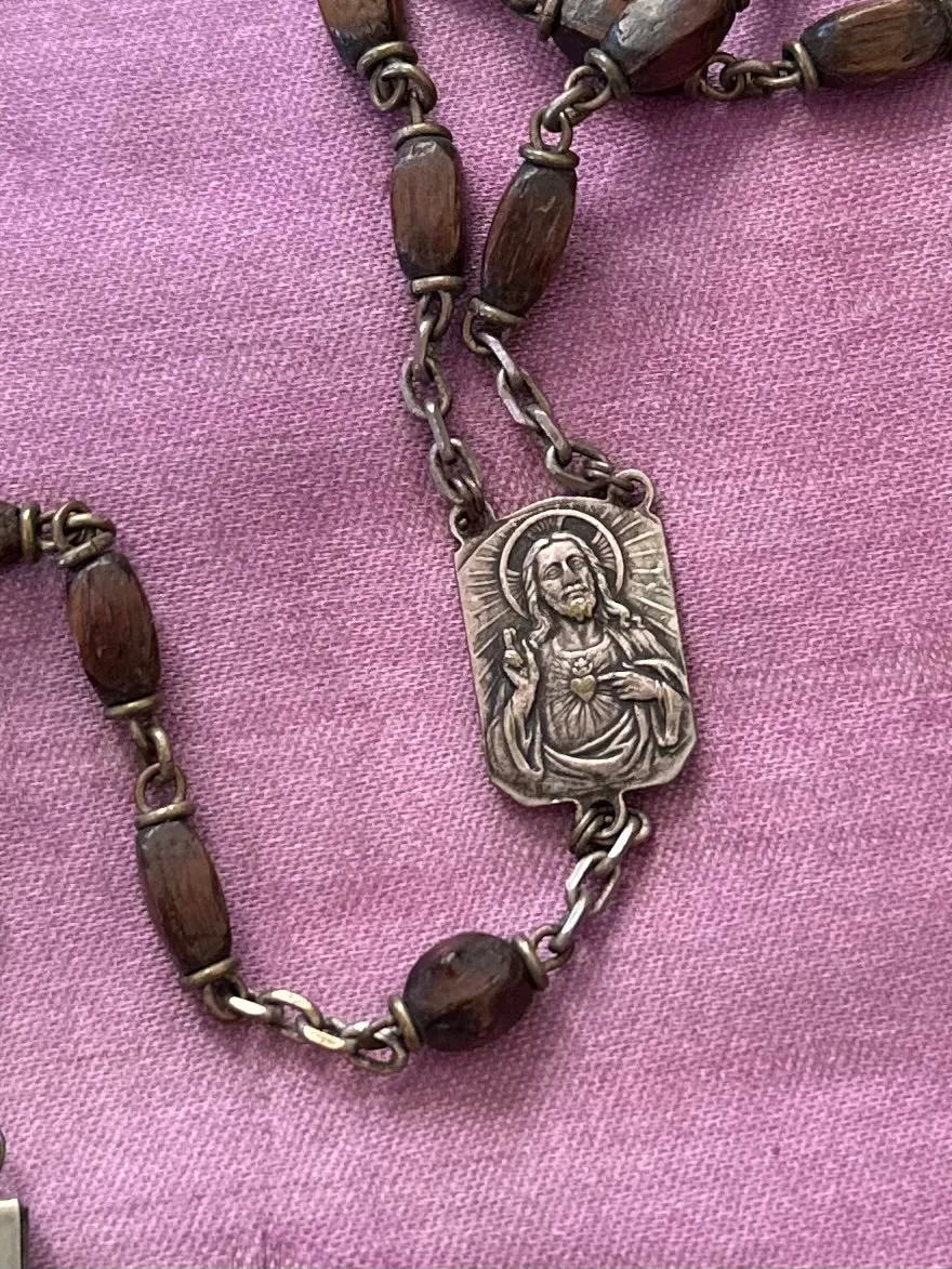 Antique French Carved Wood Bead & Nickel Rosary France Vintage Sacred Heart Crucifix