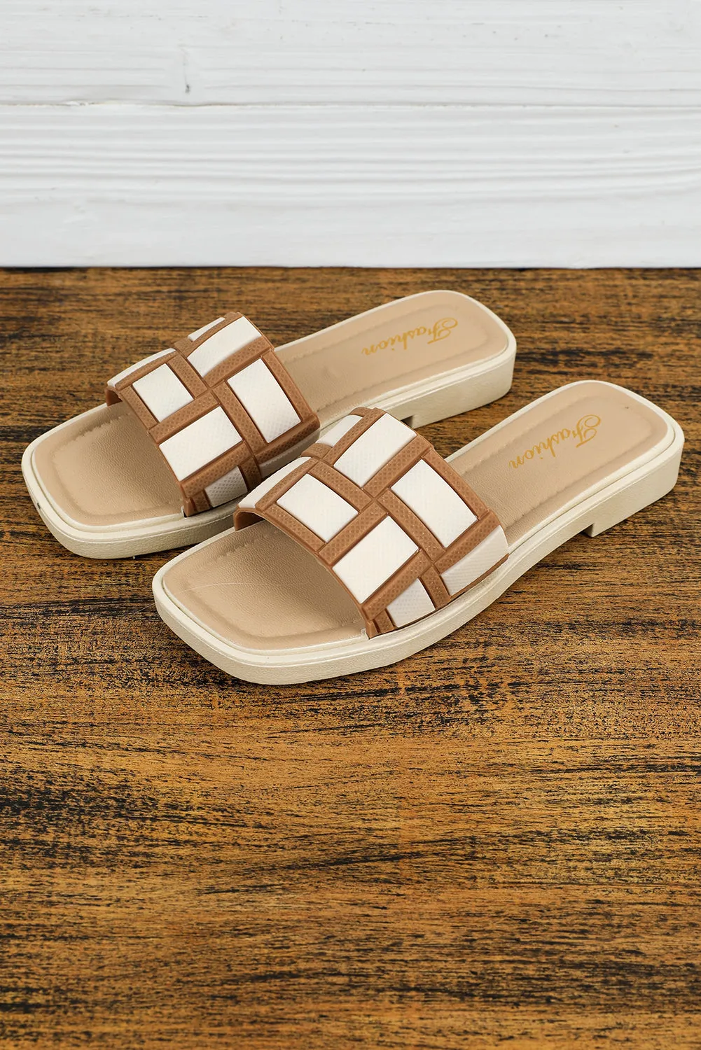 Beige Two Tone Contrast Leather Square Toe Slippers