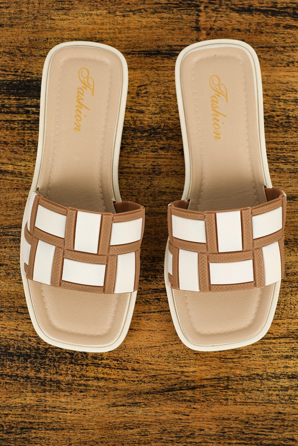 Beige Two Tone Contrast Leather Square Toe Slippers