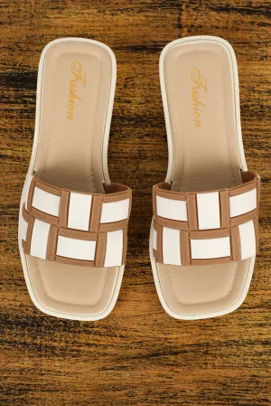 Beige Two Tone Contrast Leather Square Toe Slippers