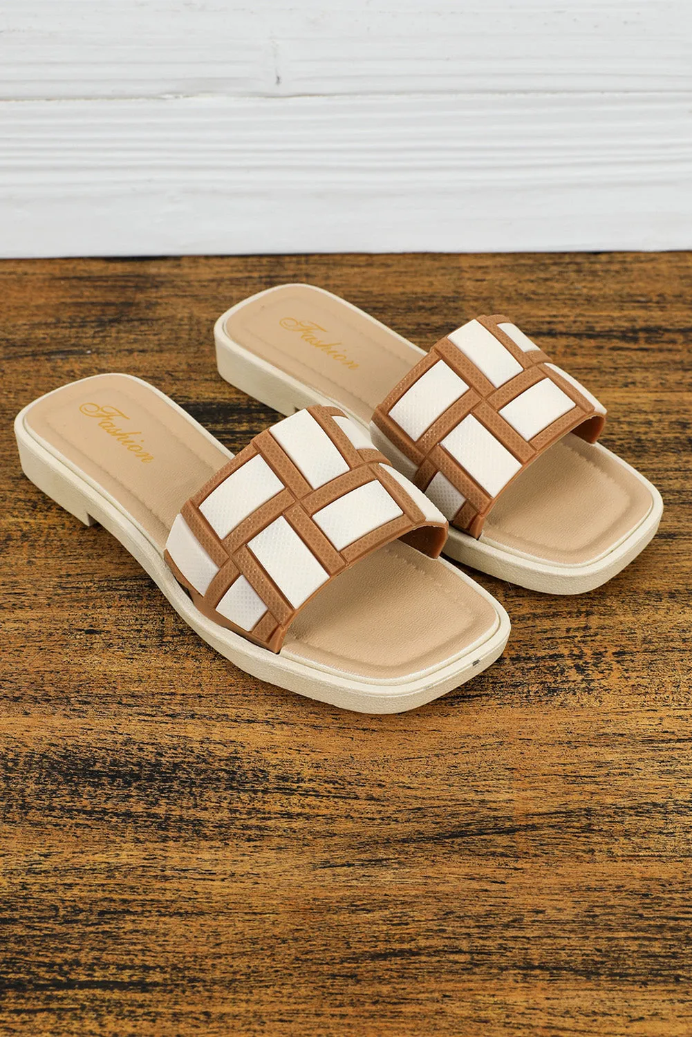 Beige Two Tone Contrast Leather Square Toe Slippers