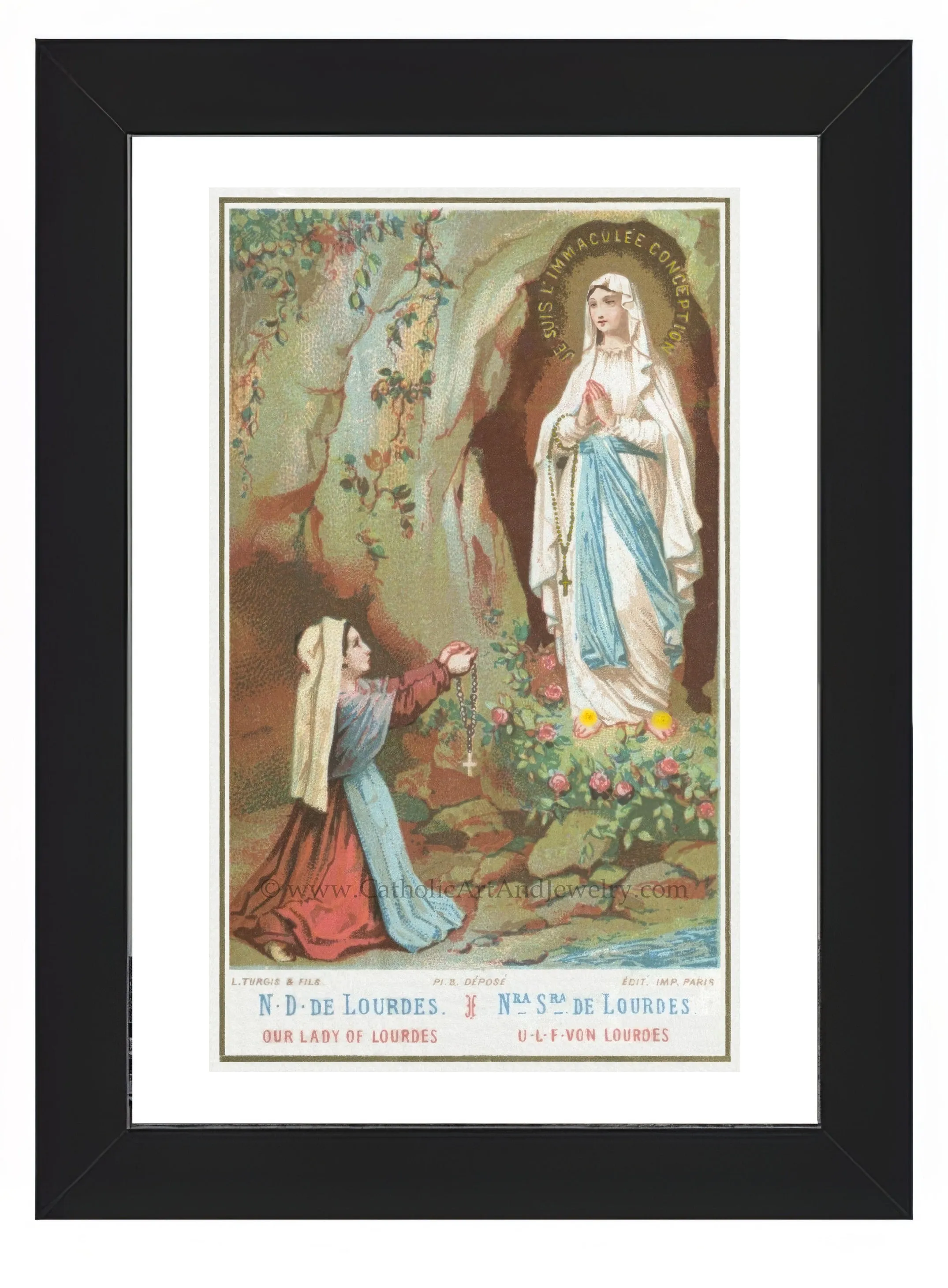 Bernadette and Our Lady of Lourdes – Based on a Vintage Holy Card – Catholic Art Print – Archival Quality