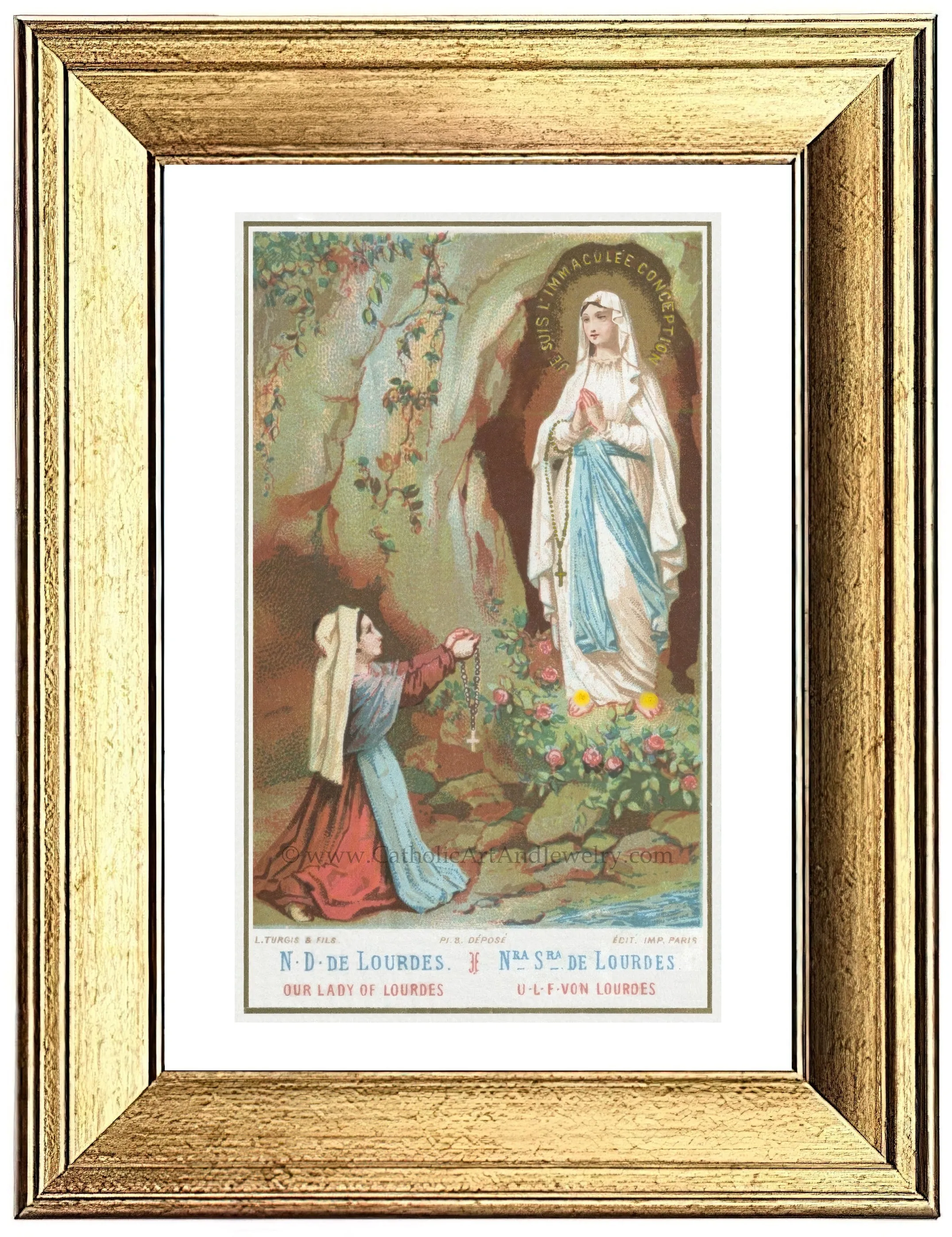 Bernadette and Our Lady of Lourdes – Based on a Vintage Holy Card – Catholic Art Print – Archival Quality
