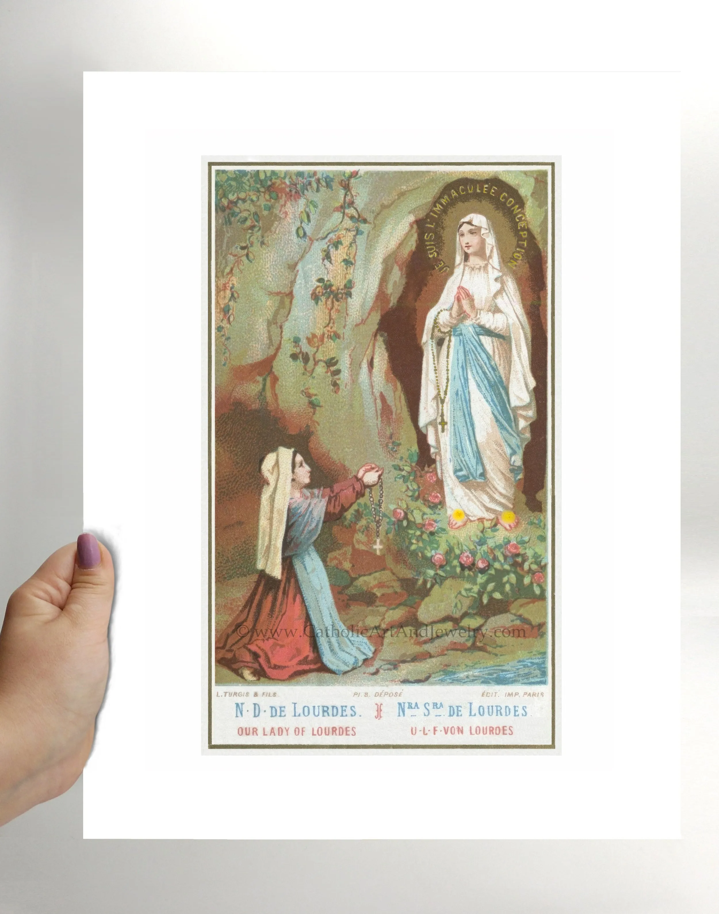 Bernadette and Our Lady of Lourdes – Based on a Vintage Holy Card – Catholic Art Print – Archival Quality