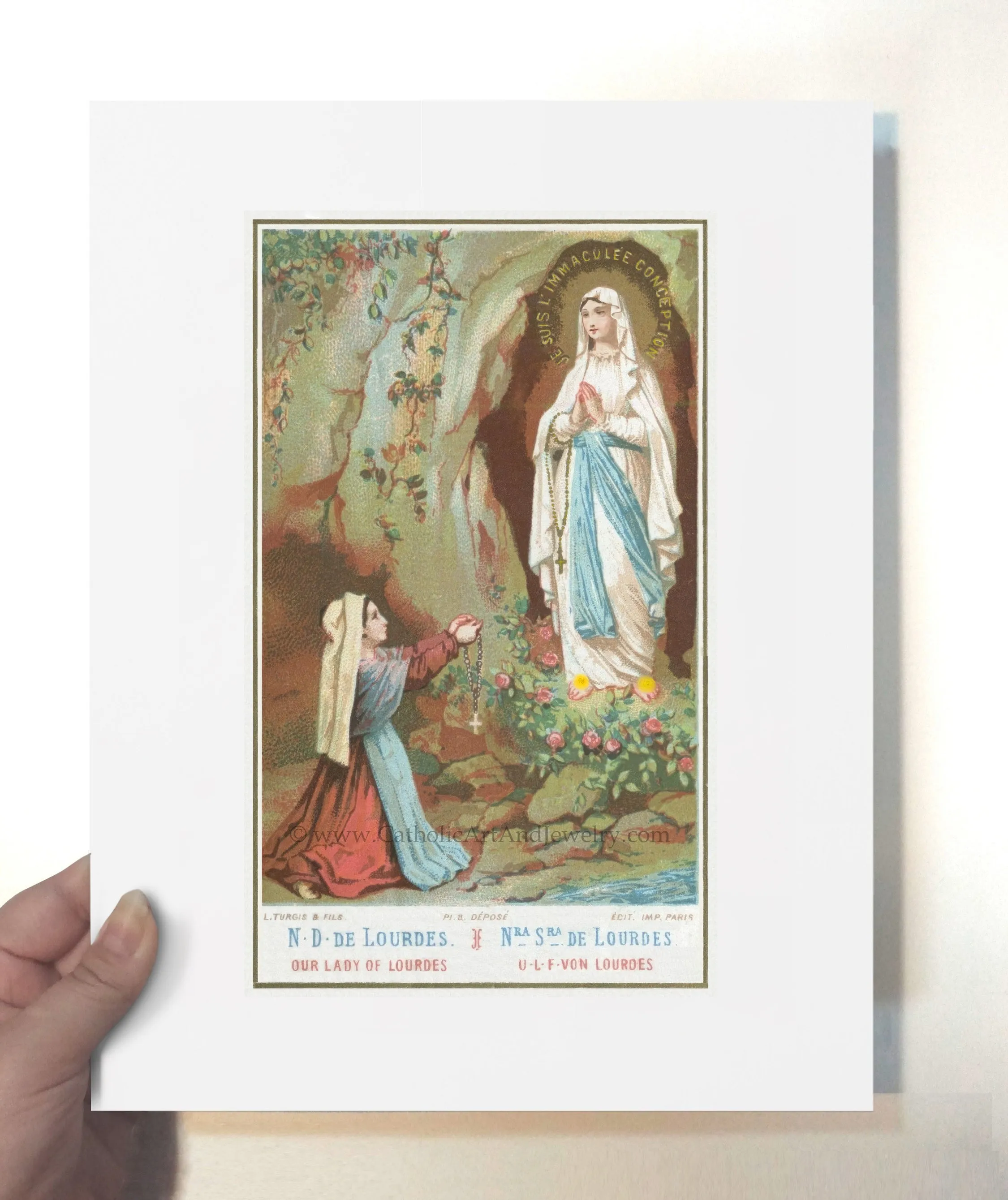 Bernadette and Our Lady of Lourdes – Based on a Vintage Holy Card – Catholic Art Print – Archival Quality