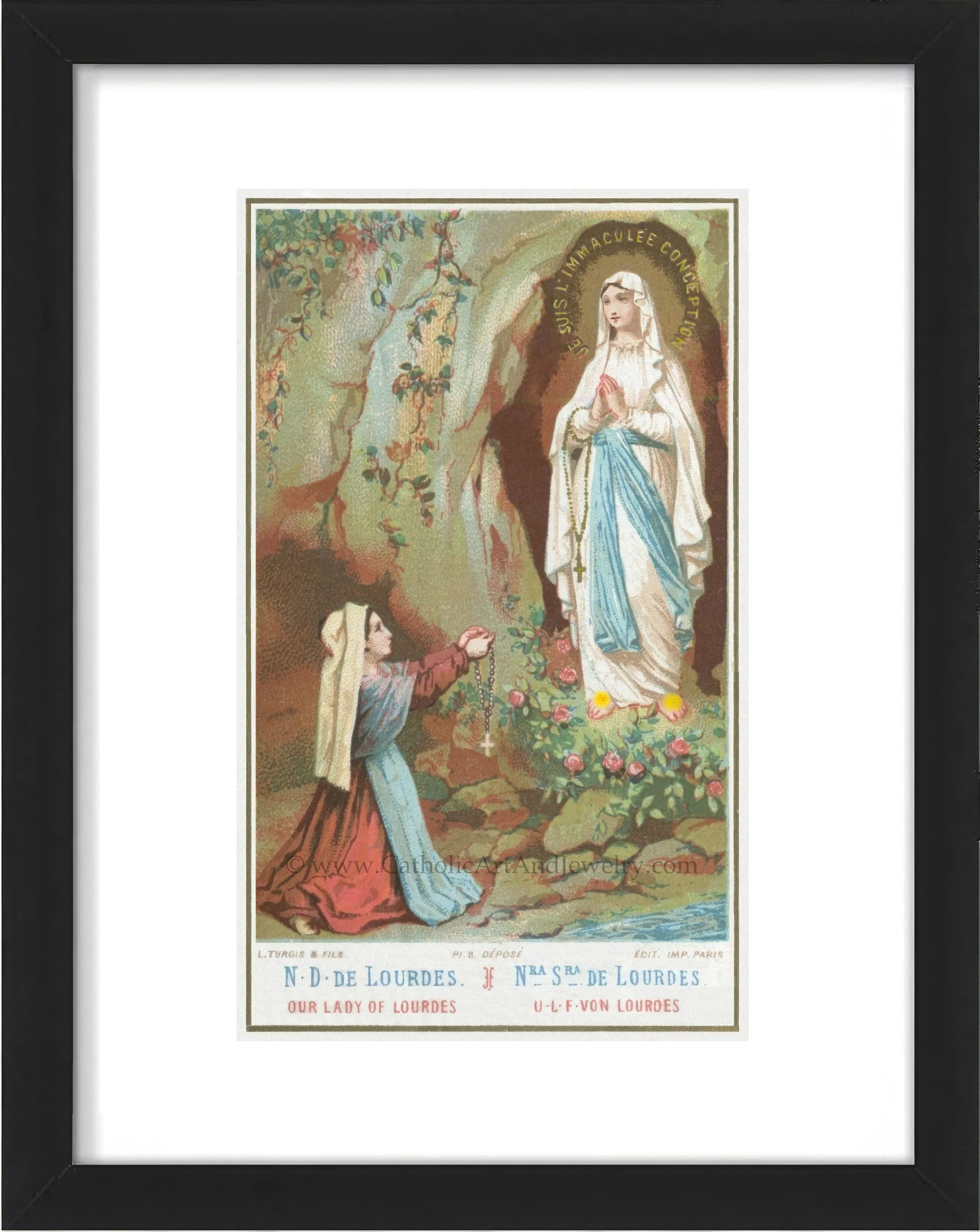 Bernadette and Our Lady of Lourdes – Based on a Vintage Holy Card – Catholic Art Print – Archival Quality