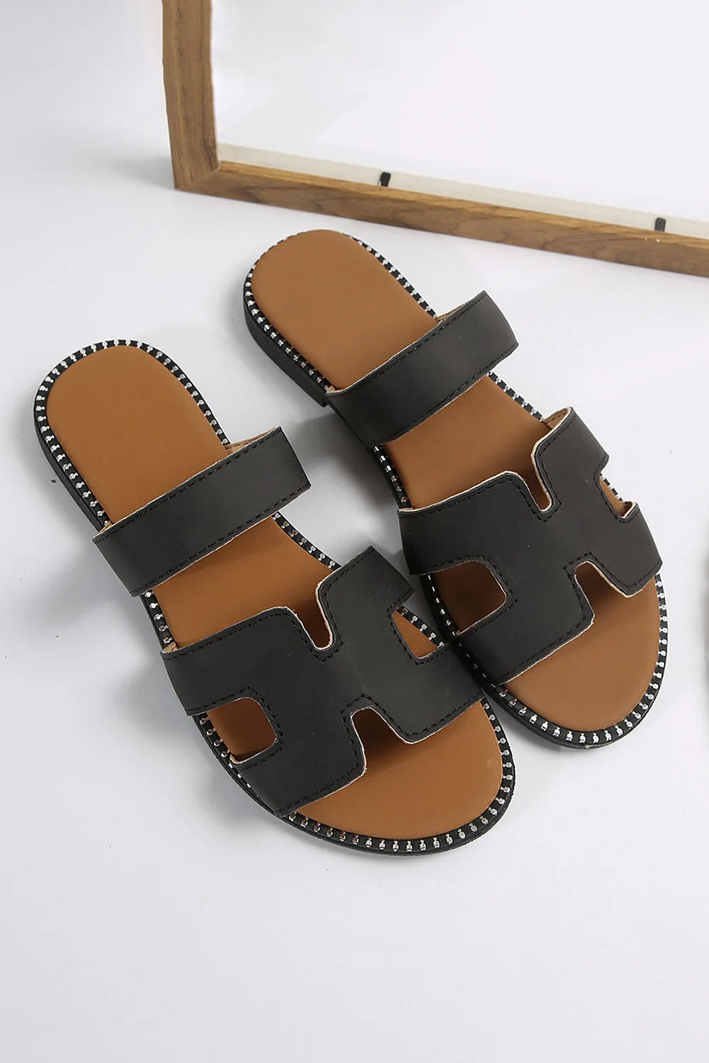 Black Cut Out H Shape Band Leather Slippers