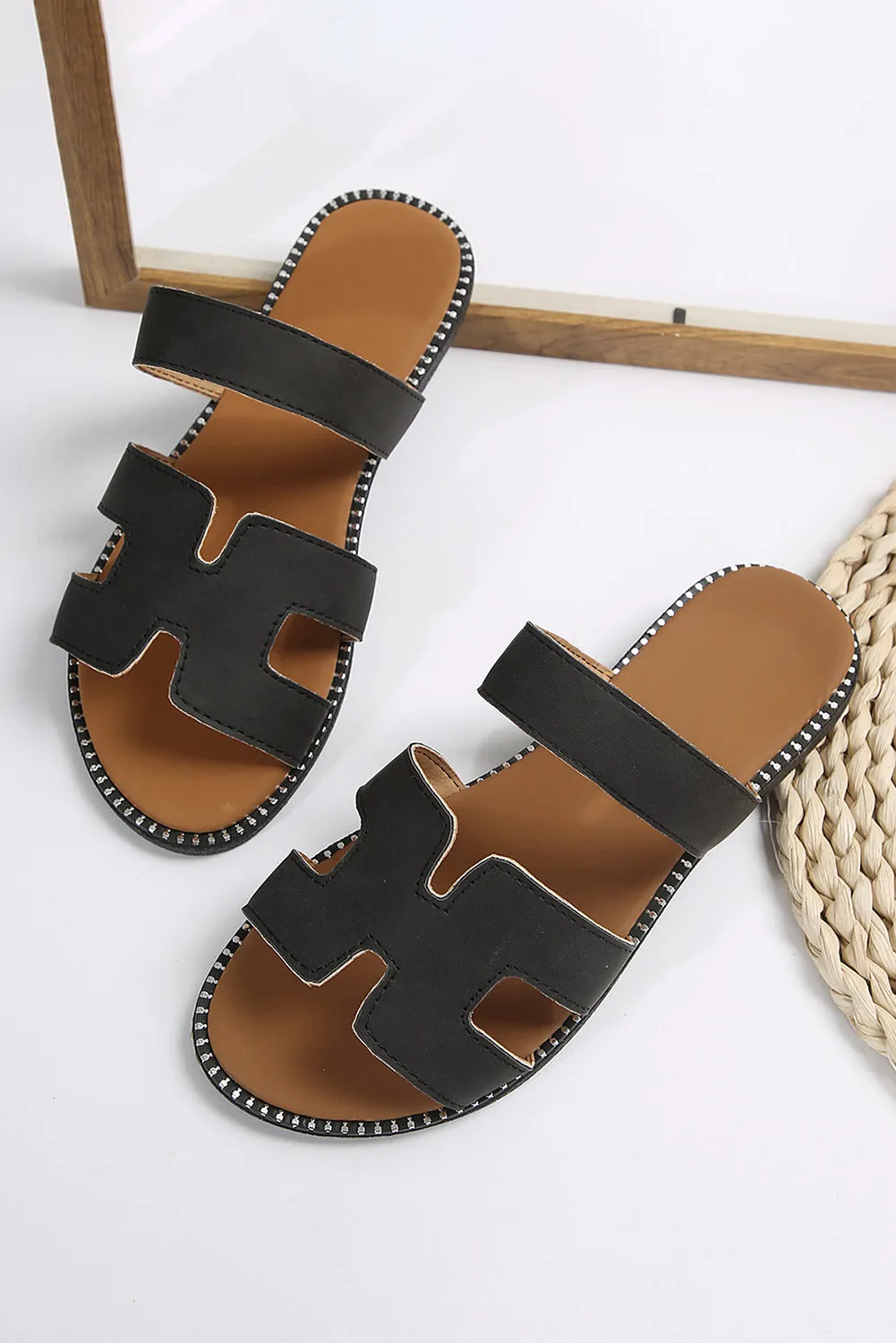 Black Cut Out H Shape Band Leather Slippers