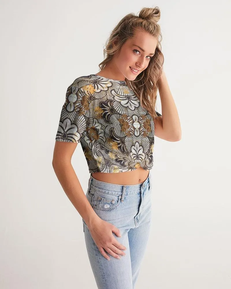 Black Gold African Print Women's Twist-Front Cropped Tee