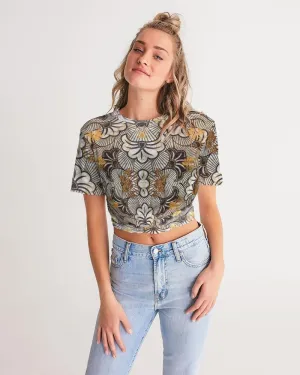 Black Gold African Print Women's Twist-Front Cropped Tee