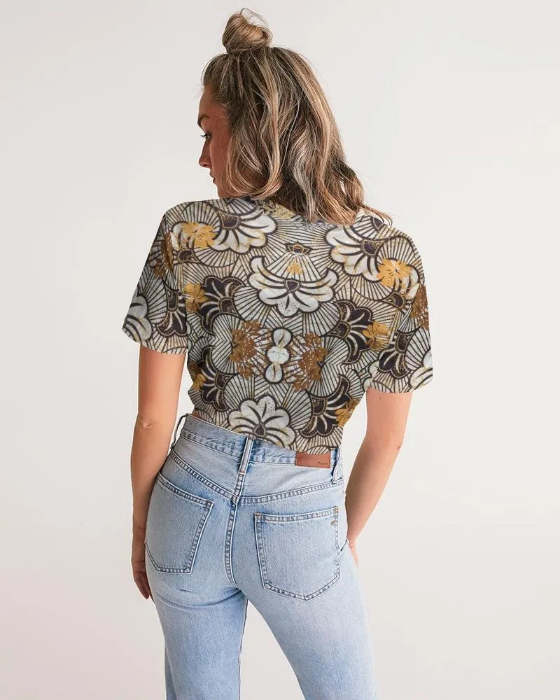 Black Gold African Print Women's Twist-Front Cropped Tee