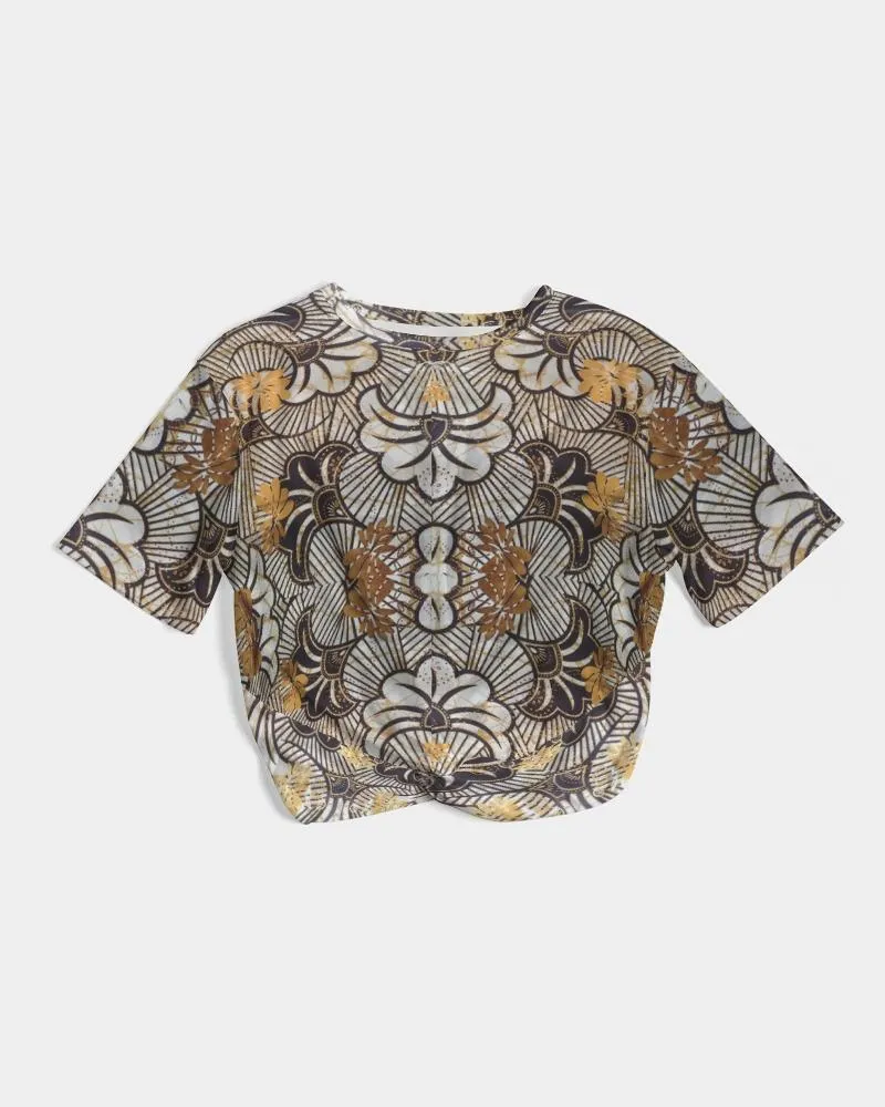 Black Gold African Print Women's Twist-Front Cropped Tee