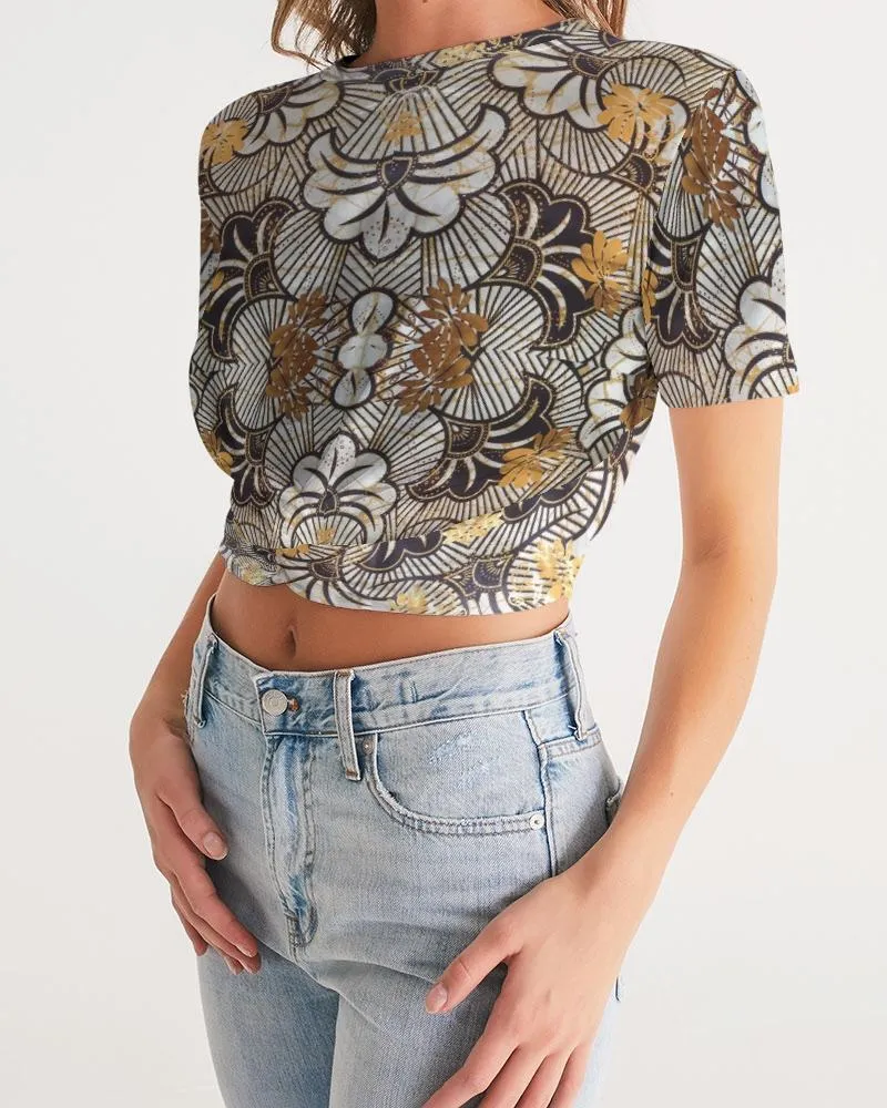 Black Gold African Print Women's Twist-Front Cropped Tee