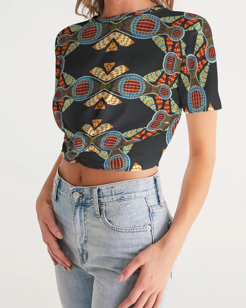 Black Multi Color African print Women's Twist-Front Cropped Tee