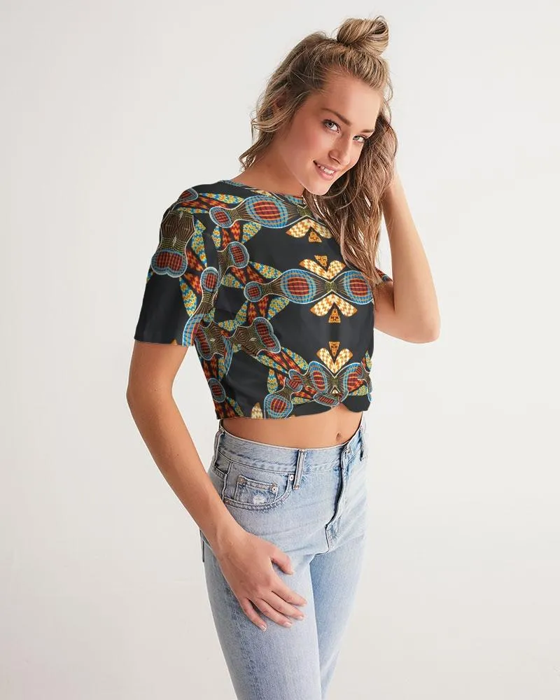 Black Multi Color African print Women's Twist-Front Cropped Tee