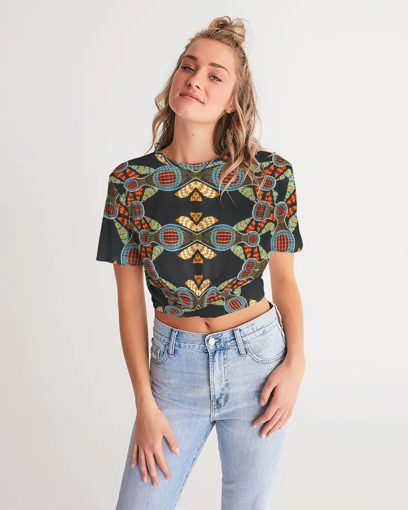 Black Multi Color African print Women's Twist-Front Cropped Tee