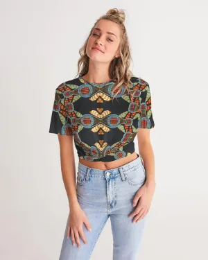 Black Multi Color African print Women's Twist-Front Cropped Tee