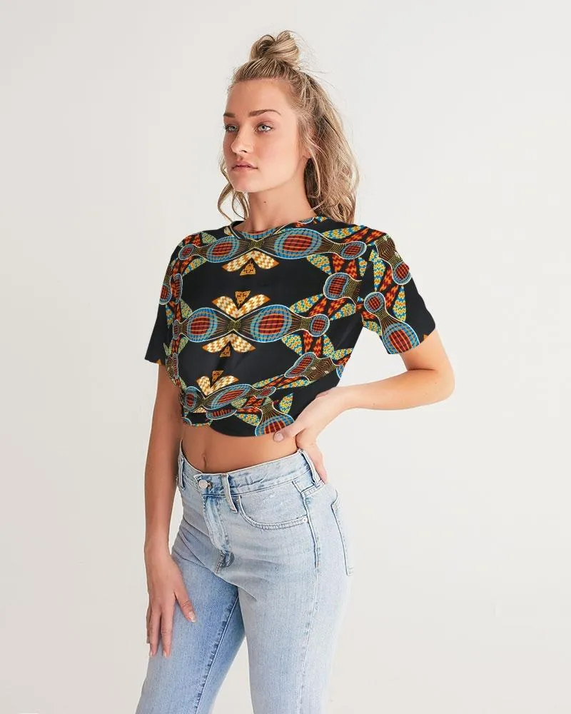 Black Multi Color African print Women's Twist-Front Cropped Tee