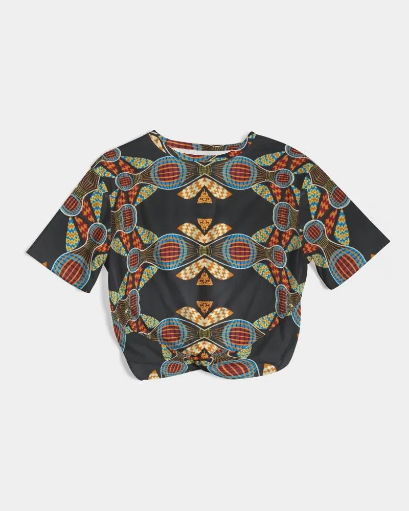 Black Multi Color African print Women's Twist-Front Cropped Tee