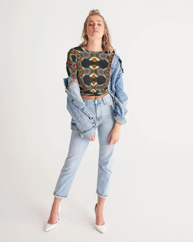 Black Multi Color African print Women's Twist-Front Cropped Tee