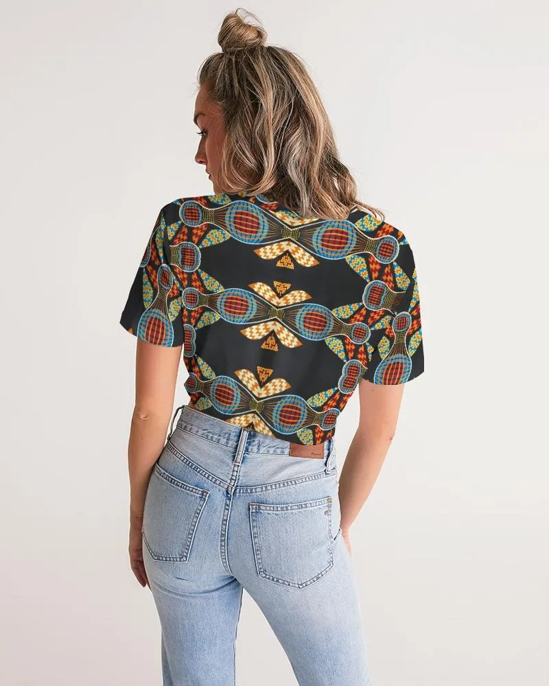 Black Multi Color African print Women's Twist-Front Cropped Tee