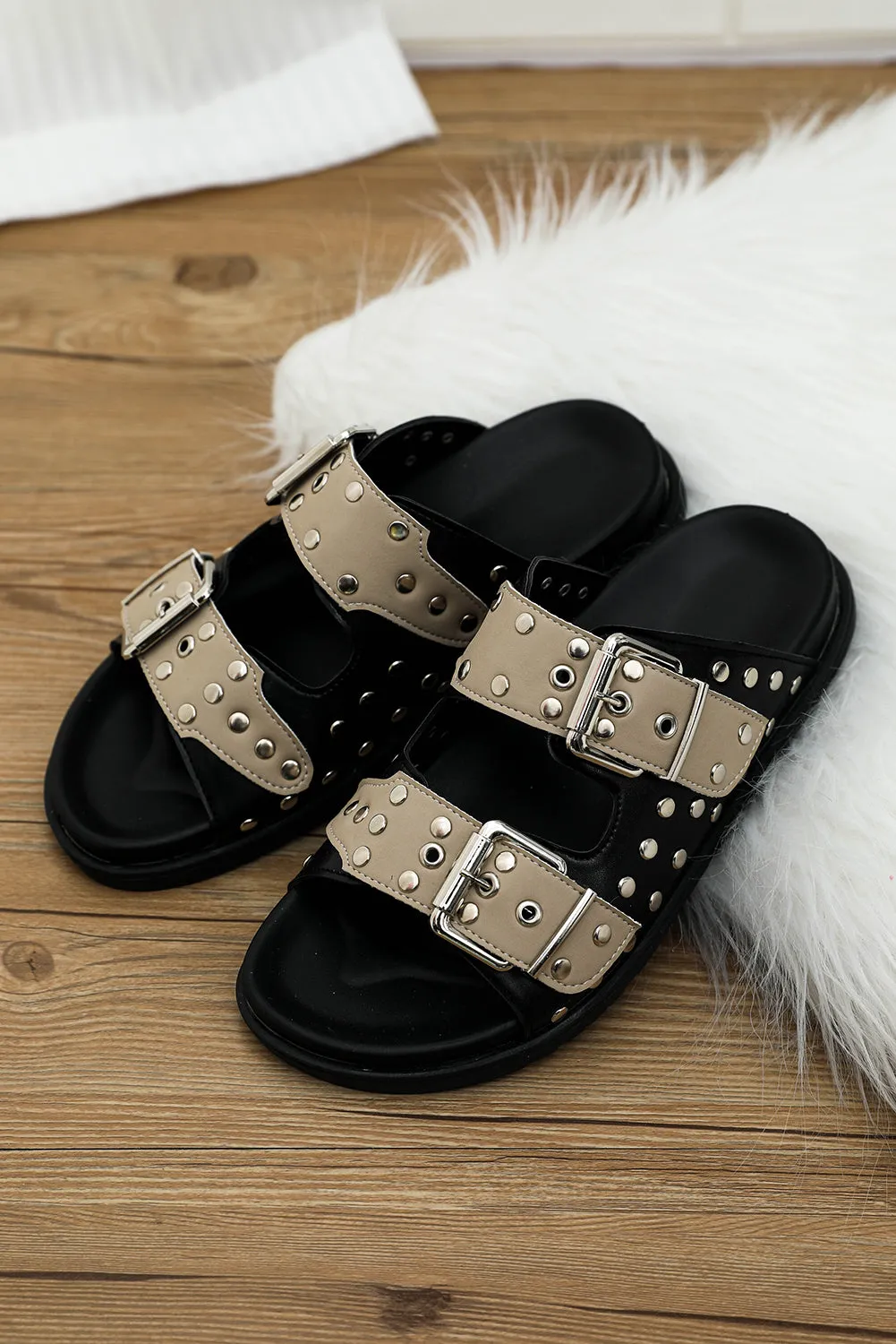 Black Retro Buckle Rivet Detail 2-tone Patched Slippers