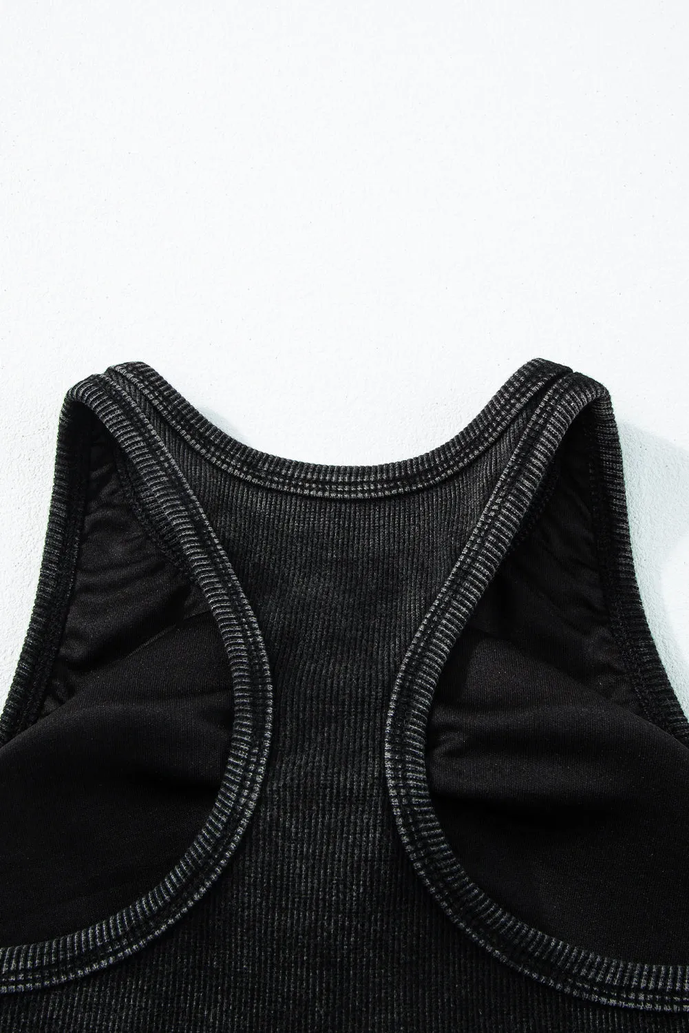 Black Ribbed Mineral Wash Racerback Cropped Tank Top