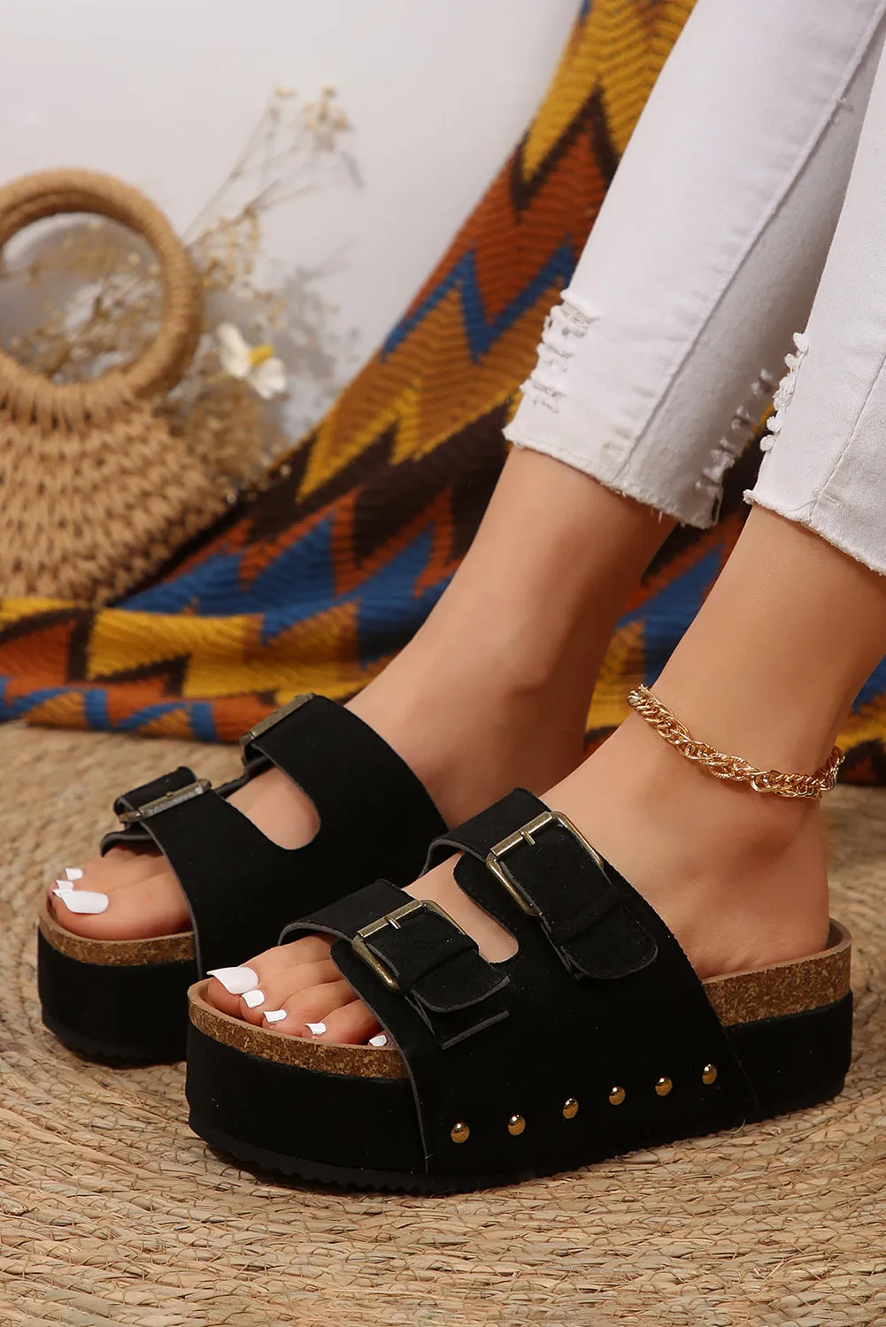 Black Suede Buckle Decor Footbed Sandal Slippers
