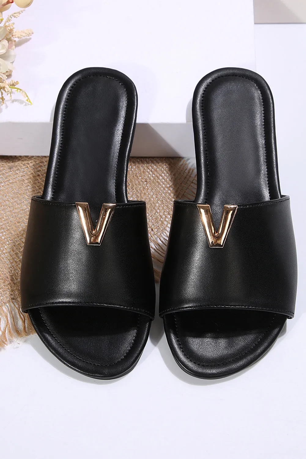 Black V Shape Metal Decor Leather Flat Slippers