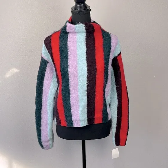 Blank NYC The Mad Hatter Sweater Eyelash Black Stripes Mock Neck Soft Top M NEW