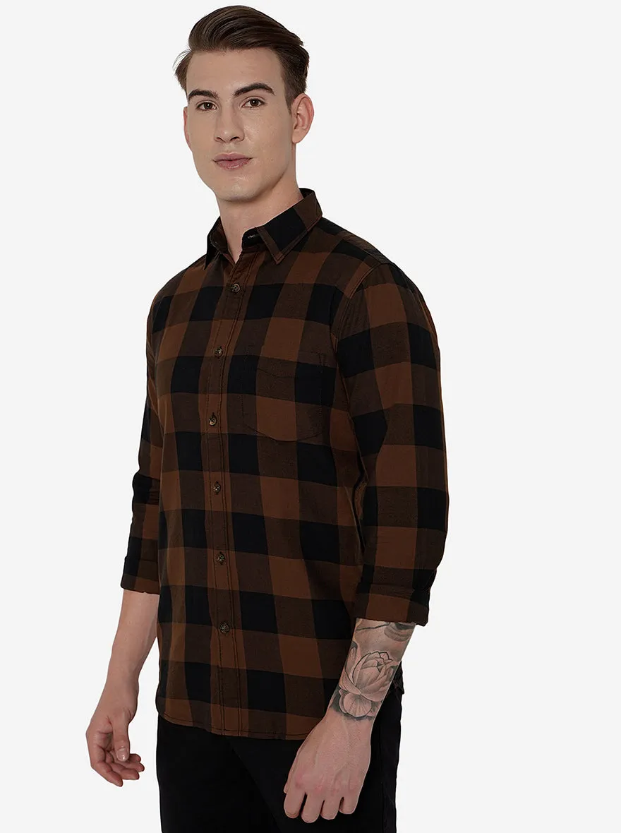 Brown & Navy Blue Checked Slim Fit Semi Casual Shirt | JadeBlue