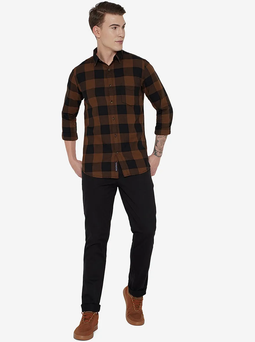 Brown & Navy Blue Checked Slim Fit Semi Casual Shirt | JadeBlue